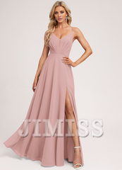 A-line V-neck tea-length chiffon pleated bridesmaid dress