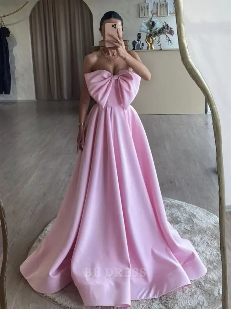 A-Line Strapless Pink Satin Long formal dresses Bridesmaid Dresses evening gown Prom Dress