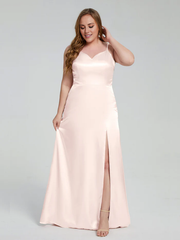 Split plus size soft satin and floor length bridesmaid dress