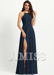 A-line low round neck floor down chiffon bridesmaid dress