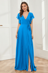 V-neck ruffled sleeve chiffon slit and floor length bridesmaid dress