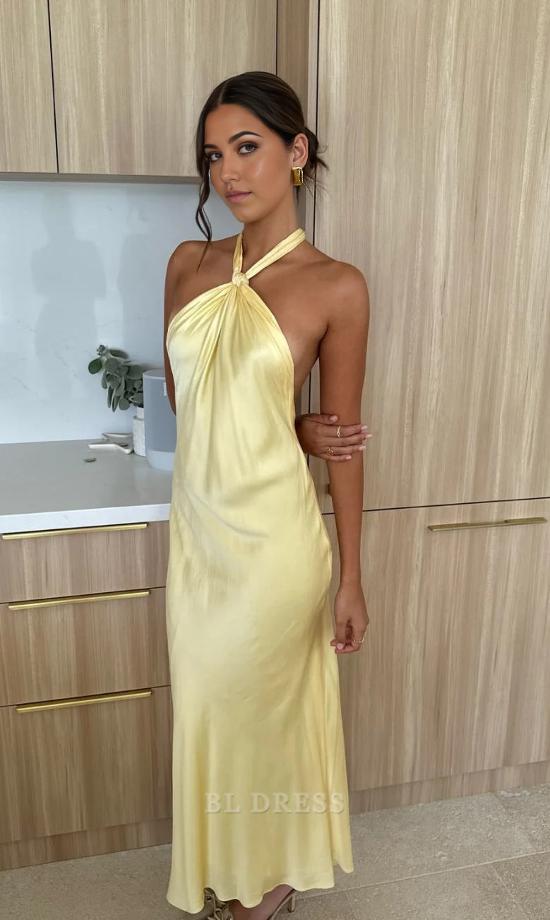 Sheath Halter Yellow Satin formal dresses Bridesmaid Dresses evening gown Prom Dress