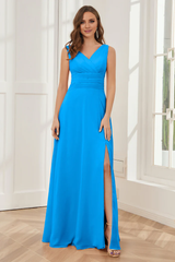 V-neck sleeveless chiffon side slit and floor length bridesmaid dress
