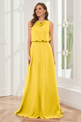 Pillar style wind neck sleeveless chiffon and floor length bridesmaid dress