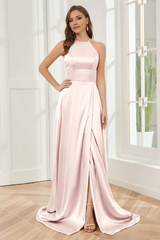 Column neck hanging soft satin and floor length bridesmaid dress