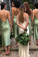 Weitese Simple Sheath Spaghetti Straps Green Tea Length Bridesmaid Dress