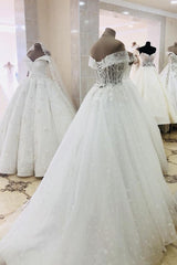 Princess Long Off Shoulder A-line White Wedding Dress with Lace