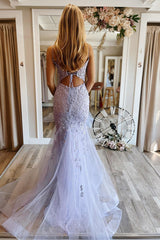 Lilac Mermaid Spaghetti Straps V Neck Corset Prom Dress with Appliques Sexy