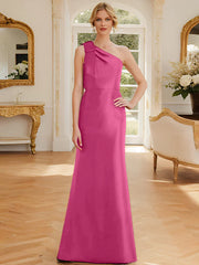 Tight fit/straight leg one shoulder sleeveless satin bow mother of the bride dress