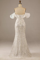Mermaid Off The Shoulder Sweep Train Wedding Dress with Sequins Sparkly Prom Dresses
