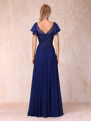 A-line/Princess V-neck short sleeved long formal mother of the bride dress