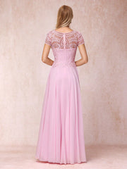 A-line/princess transparent collar short sleeved long with decal mother of the bride dress