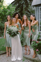 Weitese Simple Sheath Spaghetti Straps Green Tea Length Bridesmaid Dress