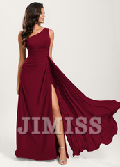 Ruffled A-line One Shoulder Floor Length Chiffon Bridesmaid Dress