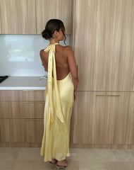 Sheath Halter Yellow Satin formal dresses Bridesmaid Dresses evening gown Prom Dress