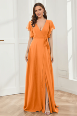 V-neck ruffled sleeve chiffon slit and floor length bridesmaid dress
