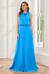 Pillar style wind neck sleeveless chiffon and floor length bridesmaid dress