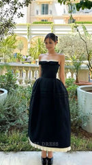 A-line Strapless Satin Ankle Length Black formal dresses Bridesmaid Dresses evening gown Prom Dress With Ruffles