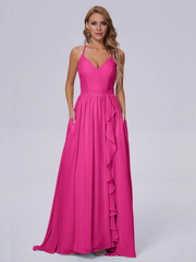 Elegant shoulder strap chiffon and floor length bridesmaid dress