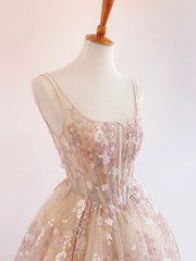 A-Line Lace  Champagne Long Prom Dress, Champagne Long Evening Dress