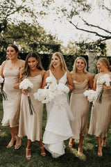 Weitese Sheath Spaghetti Straps Light Champagne Tea Length Bridesmaid Dress