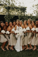 Weitese Sheath Spaghetti Straps Light Champagne Tea Length Bridesmaid Dress