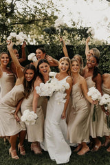 Weitese Sheath Spaghetti Straps Light Champagne Tea Length Bridesmaid Dress