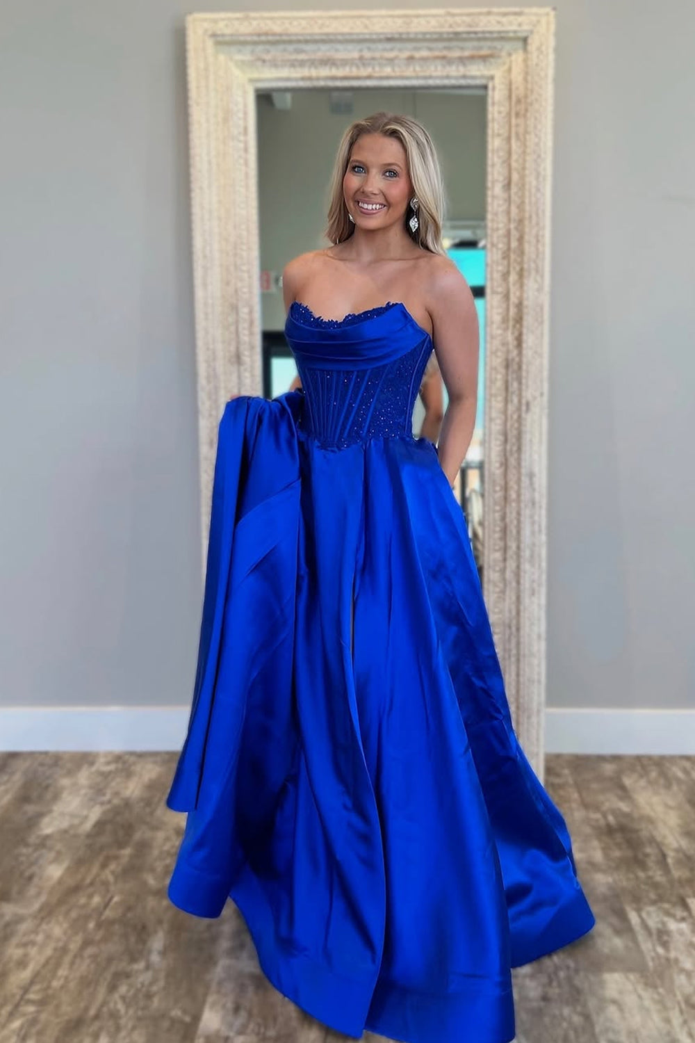 A-Line Strapless Royal Blue Satin Long Prom Dresses