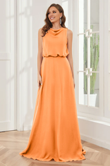 Pillar style wind neck sleeveless chiffon and floor length bridesmaid dress