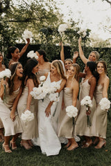 Weitese Sheath Spaghetti Straps Light Champagne Tea Length Bridesmaid Dress