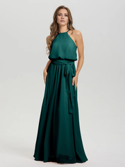 Hanging neck low round neck sleeveless chiffon and floor length Bridesmaid dresses