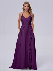 Elegant shoulder strap chiffon and floor length bridesmaid dress