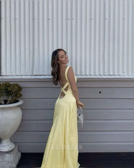 Sheath Spaghetti Straps Yellow Satin Long formal dresses Bridesmaid Dresses evening gown Prom Dress