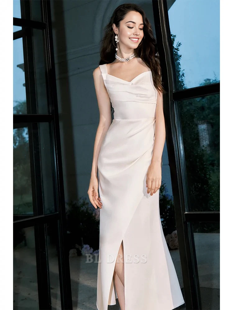 Sheath Straps Sleeveless Ivory Satin Knee Length formal dresses Bridesmaid Dresses evening gown Prom Dress