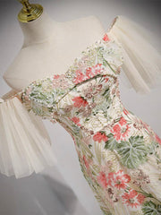 Champagne Tulle Lace Long Prom Dress, Champagne Long Formal Dress