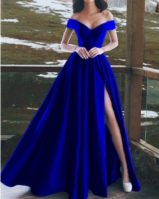Elegant V-neck Off The Shoulder Long Satin Prom Dresses