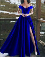 Elegant V-neck Off The Shoulder Long Satin Prom Dresses