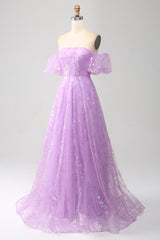 Lilac A Line Strapless Sparkly Sequin Long Prom Dress Off Shoulder Floor Length