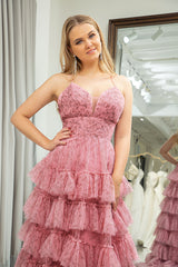 A-Line Spaghetti Straps Layered Tulle Prom Dress with Floral Printed Sexy