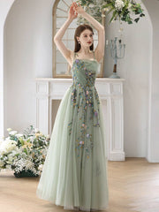 A-Line Tulle Lace Green Long Prom Dress, Green Long Formal Dress