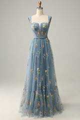 A-Line Square Neck Embroidered Prom Dress Floor Length With Flowers