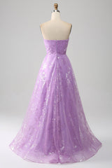 Lilac A Line Strapless Sparkly Sequin Long Prom Dress Off Shoulder Floor Length