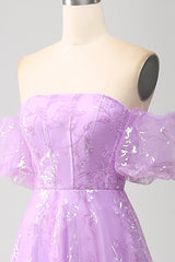 Lilac A Line Strapless Sparkly Sequin Long Prom Dress Off Shoulder Floor Length