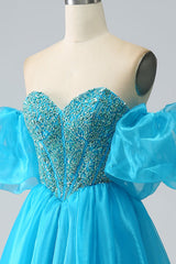 Blue Ball-Gown Sweetheart Beaded Corset Prom Dress with Detachable Sleeves Off Shoulder