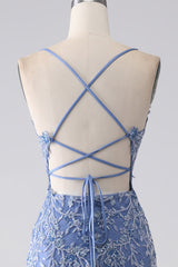 Grey Blue Mermaid Spaghetti Strap Beaded Backless Long Prom Dress With Appliques V-neck