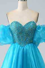 Blue Ball-Gown Sweetheart Beaded Corset Prom Dress with Detachable Sleeves Off Shoulder