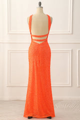 Orange Halter Backless Sequins Prom Dress With Slit Long Sexy