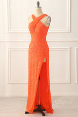 Orange Halter Backless Sequins Prom Dress With Slit Long Sexy