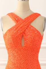 Orange Halter Backless Sequins Prom Dress With Slit Long Sexy