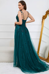 Dark Green A Line Spaghetti Straps Long Prom Dress with Appliques Floor Length With Slit